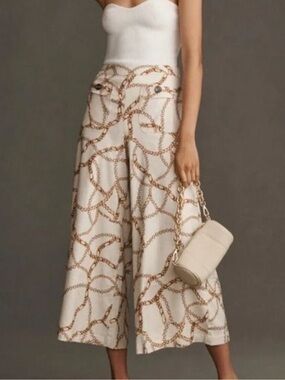 Anthropologie Maeve The Colette Cropped Linen Wide Leg Pants sz 0 Gold Chain